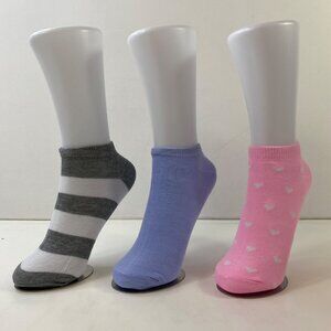 Womens Ankle Socks Set 3 Stripes Heart Print Pink Blue Gray White